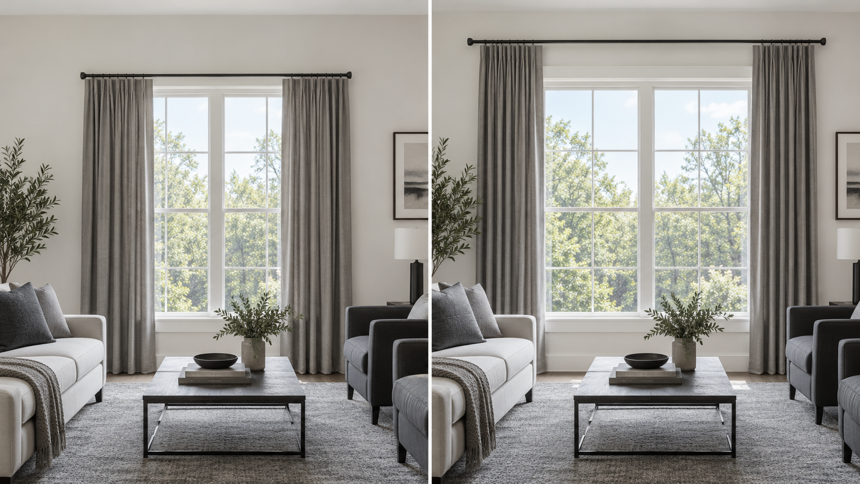 Living Room Curtains - Ravnora Decor The same living room shown with low narrow curtain mounting and with a higher wider curtain rod