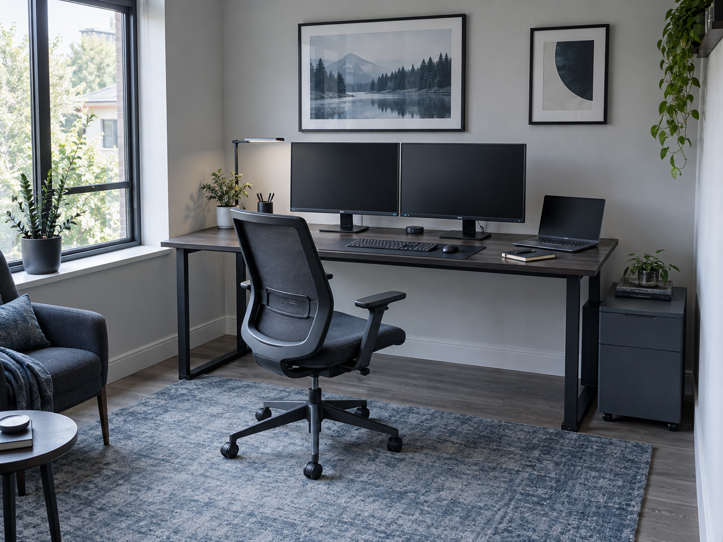 Calm home-office workstation with a full-size straight desk, monitor setup and clear chair space.