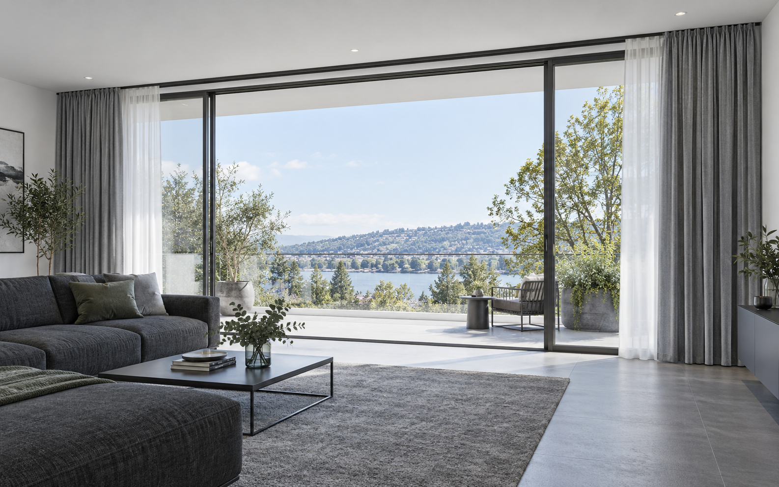 Living Room Curtains - Ravnora Decor Wide living room sliding door with layered curtains on a slim black ceiling-mounted track