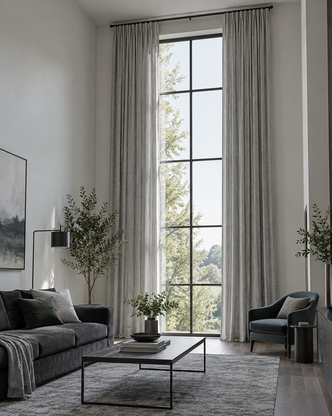 Living Room Curtains - Ravnora Decor Tall contemporary living room window with extra-long curtains mounted close to the ceiling