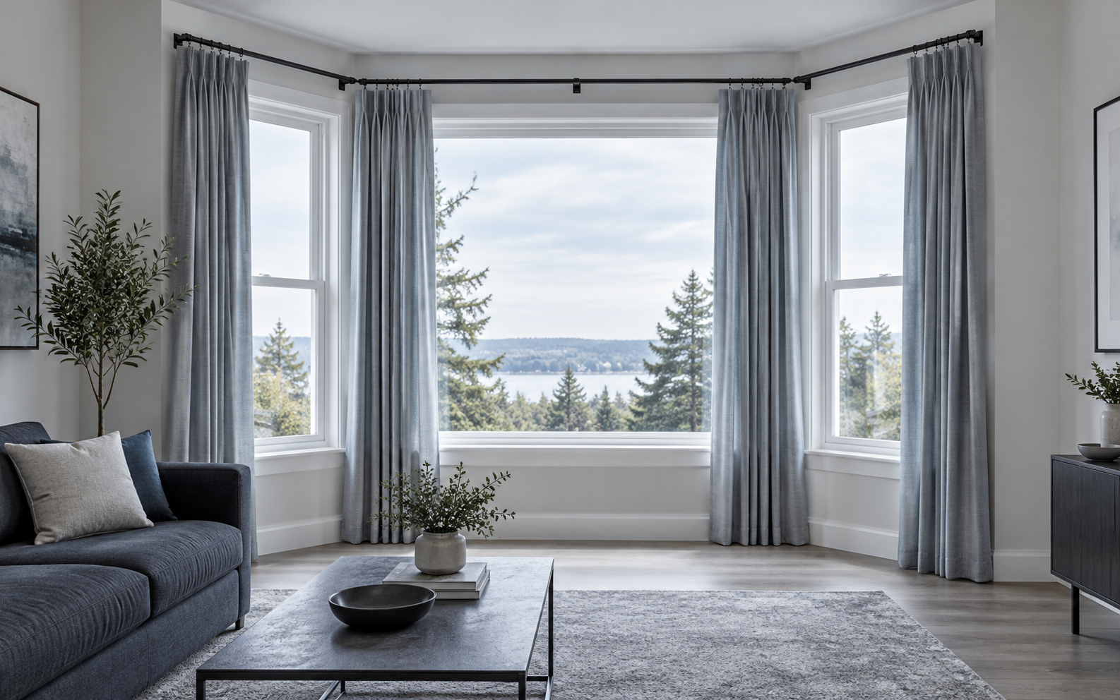 Living Room Curtains - Ravnora Decor Modern living room bay window using coordinated black multi-angle curtain hardware and gray curtains