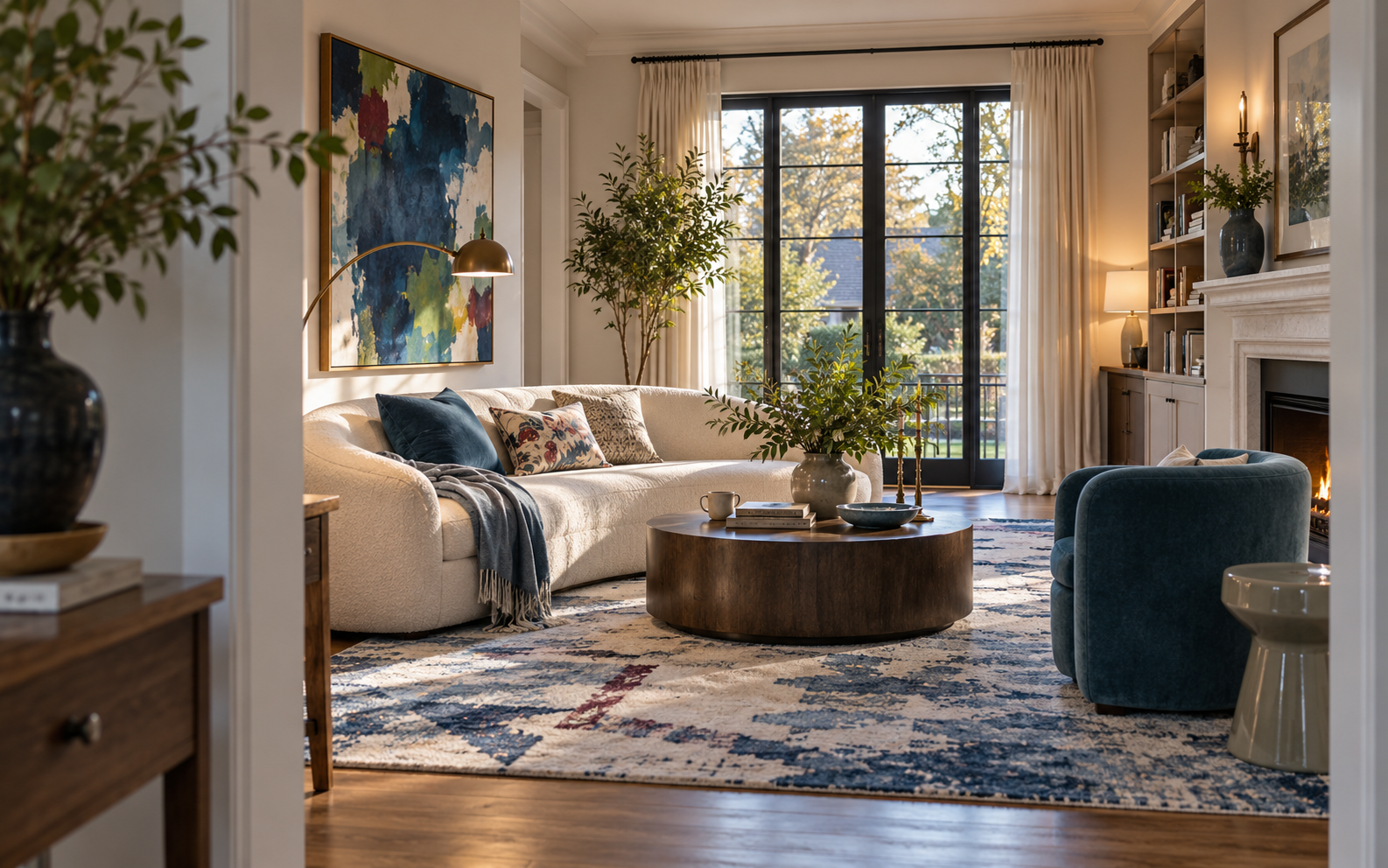 Inviting colorful contemporary living room in late-day light