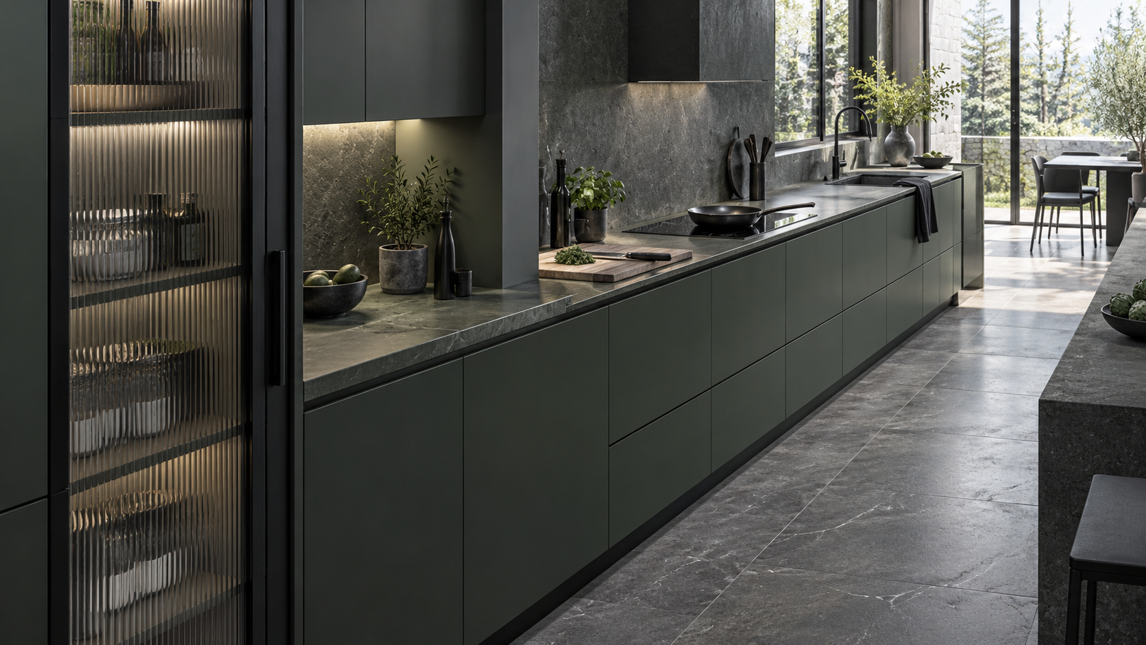 Long contemporary kitchen arranged as a clear sequence from storage and preparation to cooking and cleanup.