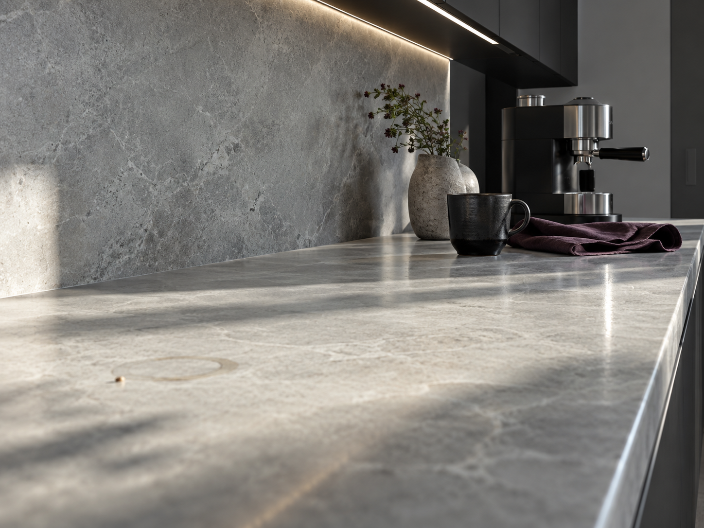 Mostly clear stone kitchen worktop with a compact coffee setup and daily-use essentials at one end.