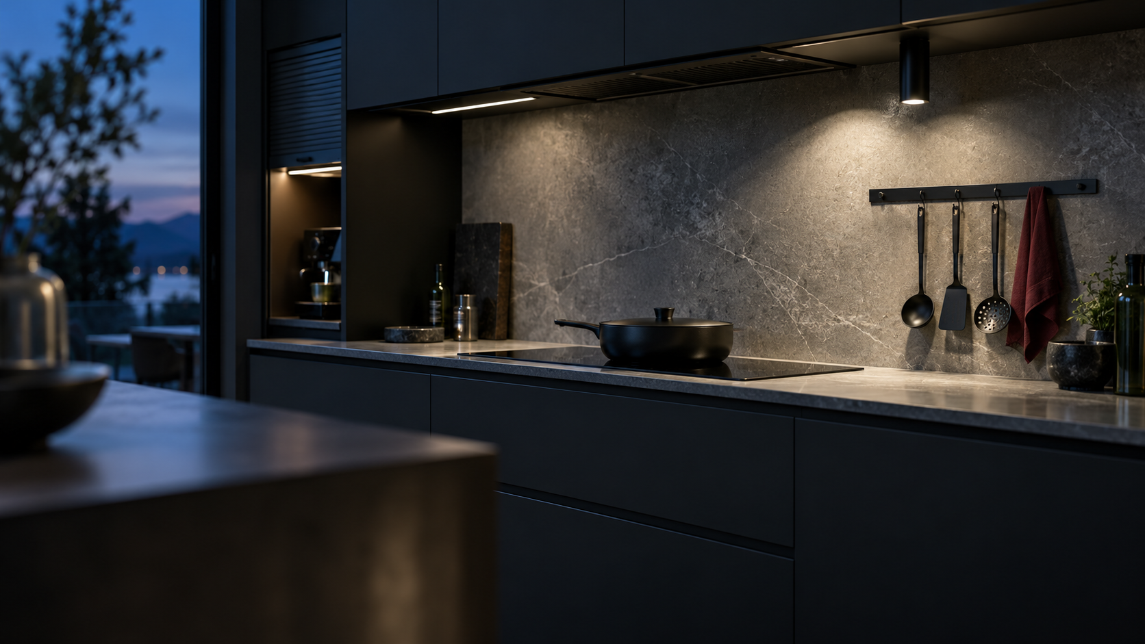 Dark contemporary cook zone with induction surface, task lighting and a small set of reachable utensils.