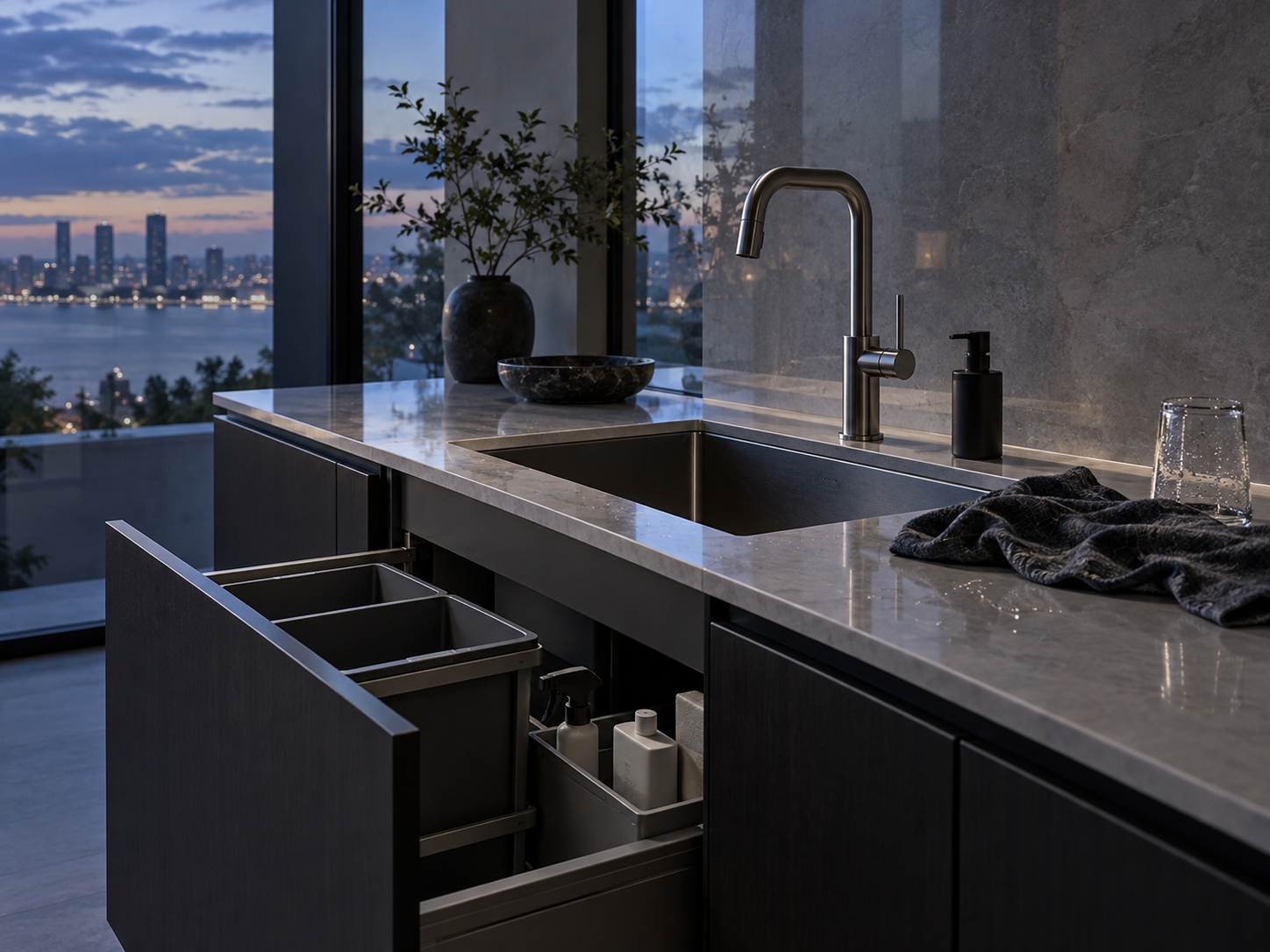 Contemporary sink area with concealed waste bins and cleaning storage built into the cabinetry below.