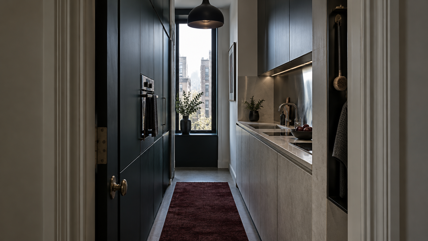 Compact city galley kitchen with full-height dark cabinetry, a clear central path and a deep burgundy runner.