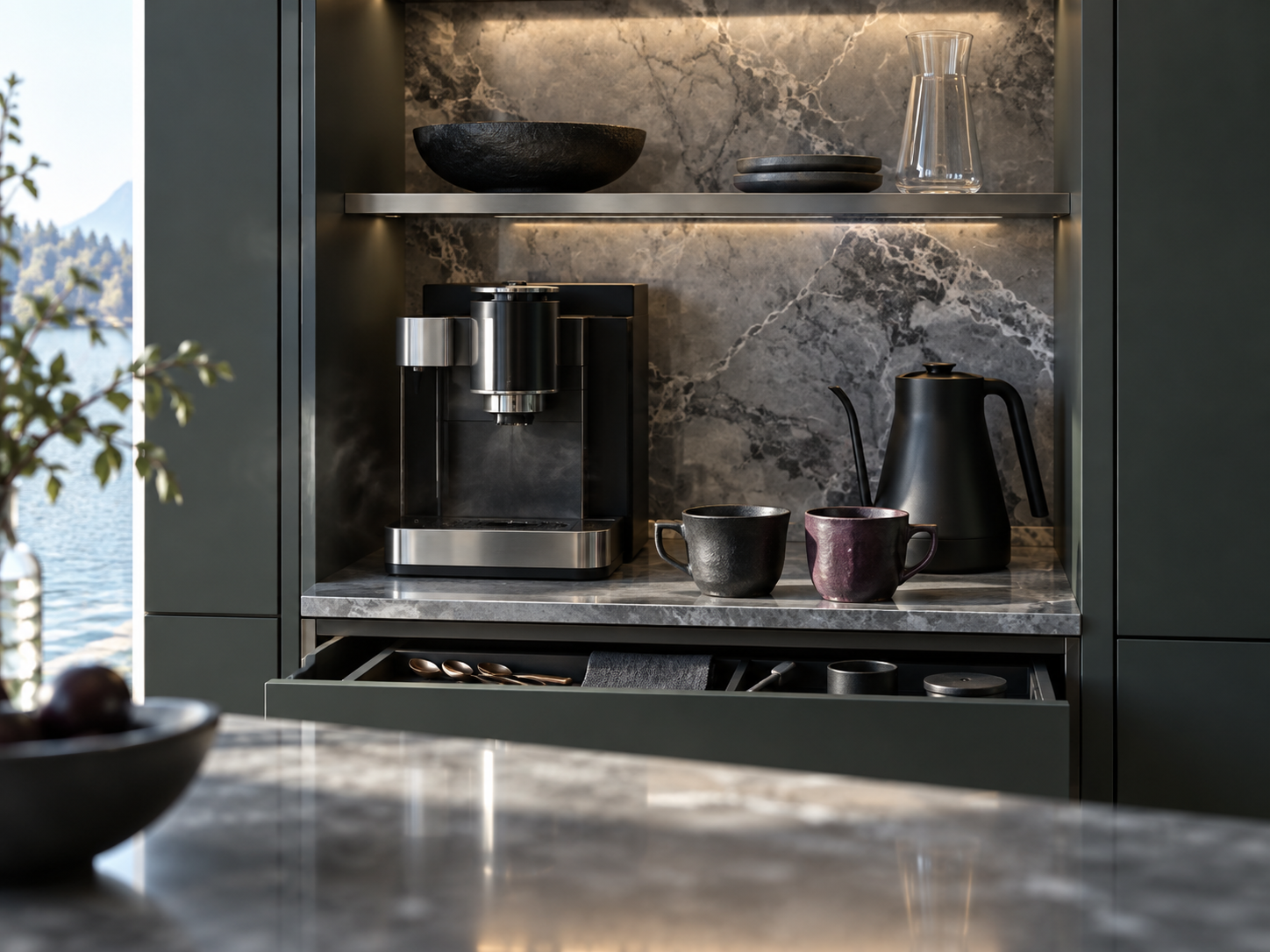 Built-in kitchen beverage niche with a coffee machine, kettle, two ceramic cups and restrained serveware.
