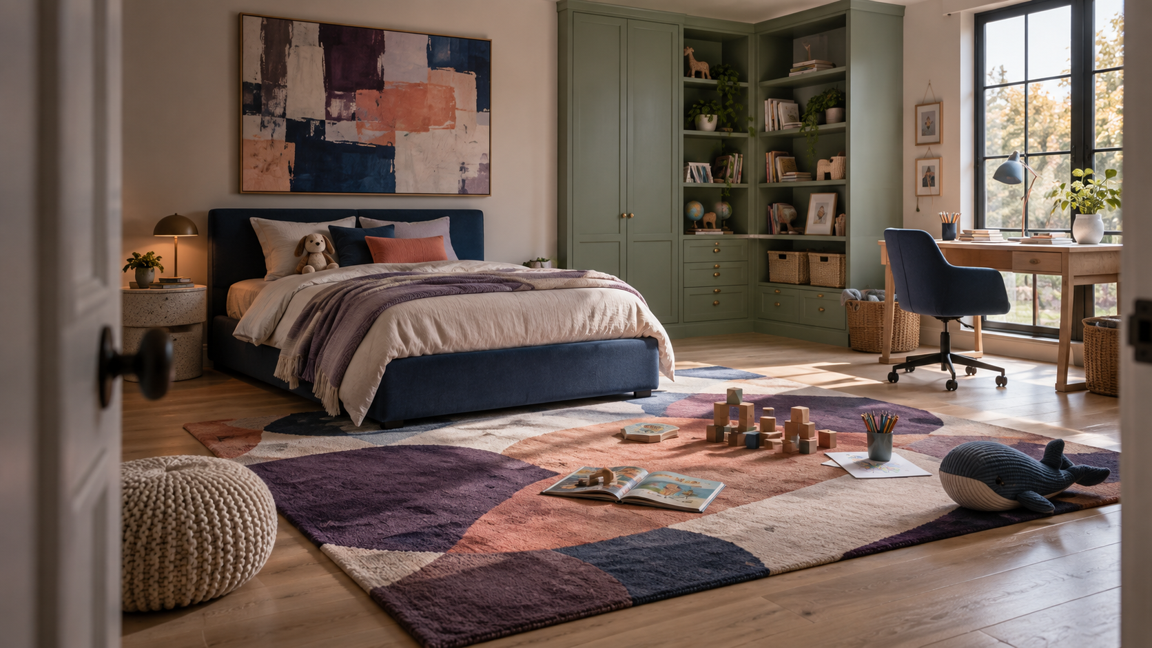 Kids Room Decor Ideas — Flexible Complete Room Contemporary kids room with a navy bed, sage storage, study desk and open rug area for play