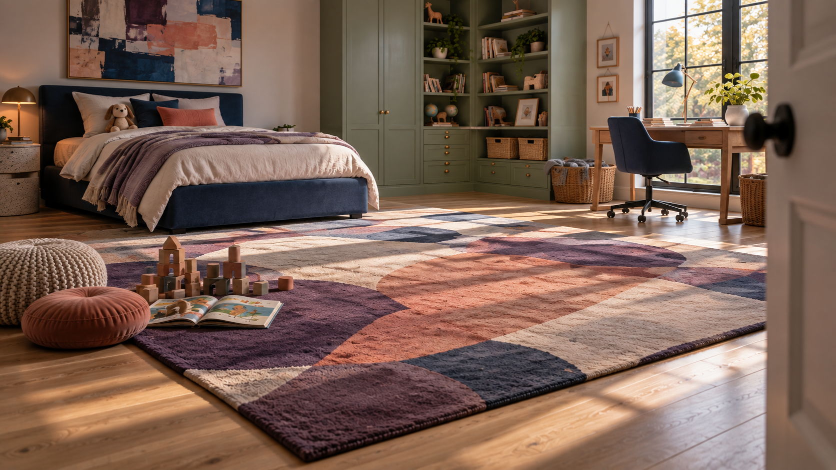 Kids Room Flexible Footprint — Protect the Middle Kids bedroom with the bed, storage and desk positioned around a large open rug in the center