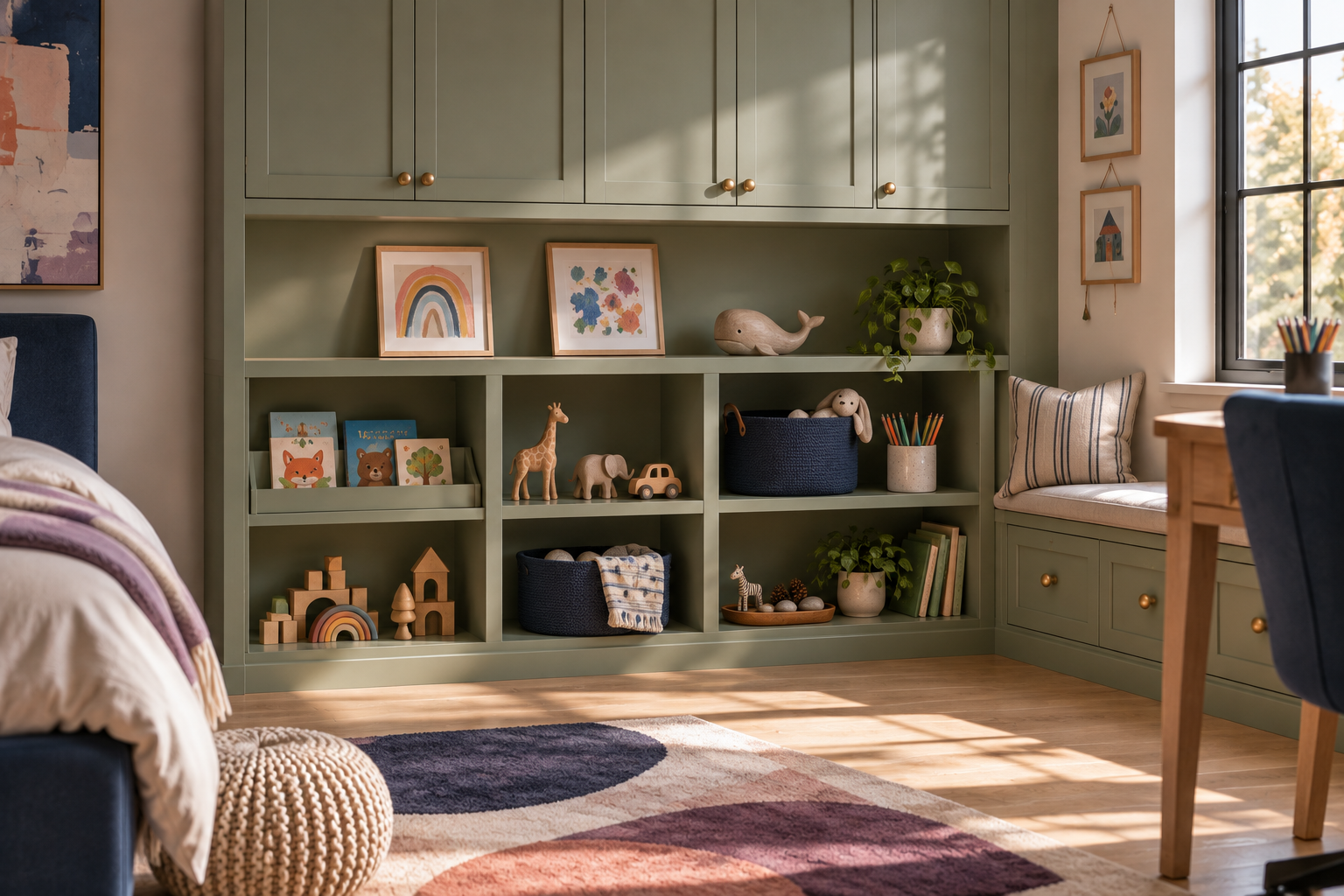 Kids Room Storage — Reachable and Long-Term Layers Sage kids room storage with low open cubbies, upper cabinets and a nearby study area