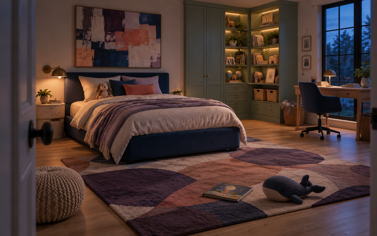 Kids Room Bedtime — Lower the Visual Volume Kids bedroom at dusk with low bedside and desk lighting, soft bedding and a clear floor