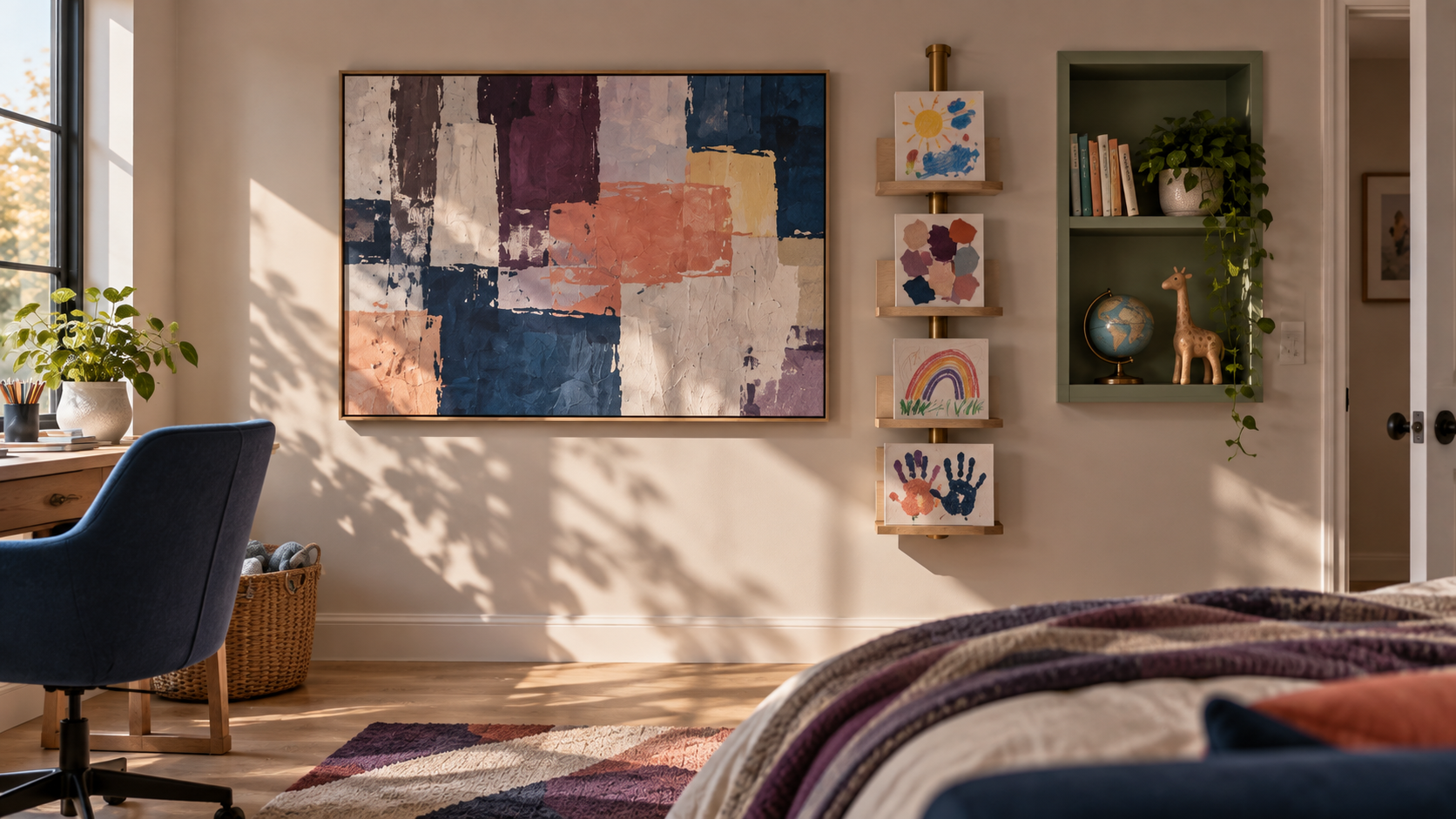 Kids Wall Decor — Flexible Personality Kids room wall with one large abstract artwork, a rotating display of child artwork and quiet open wall space