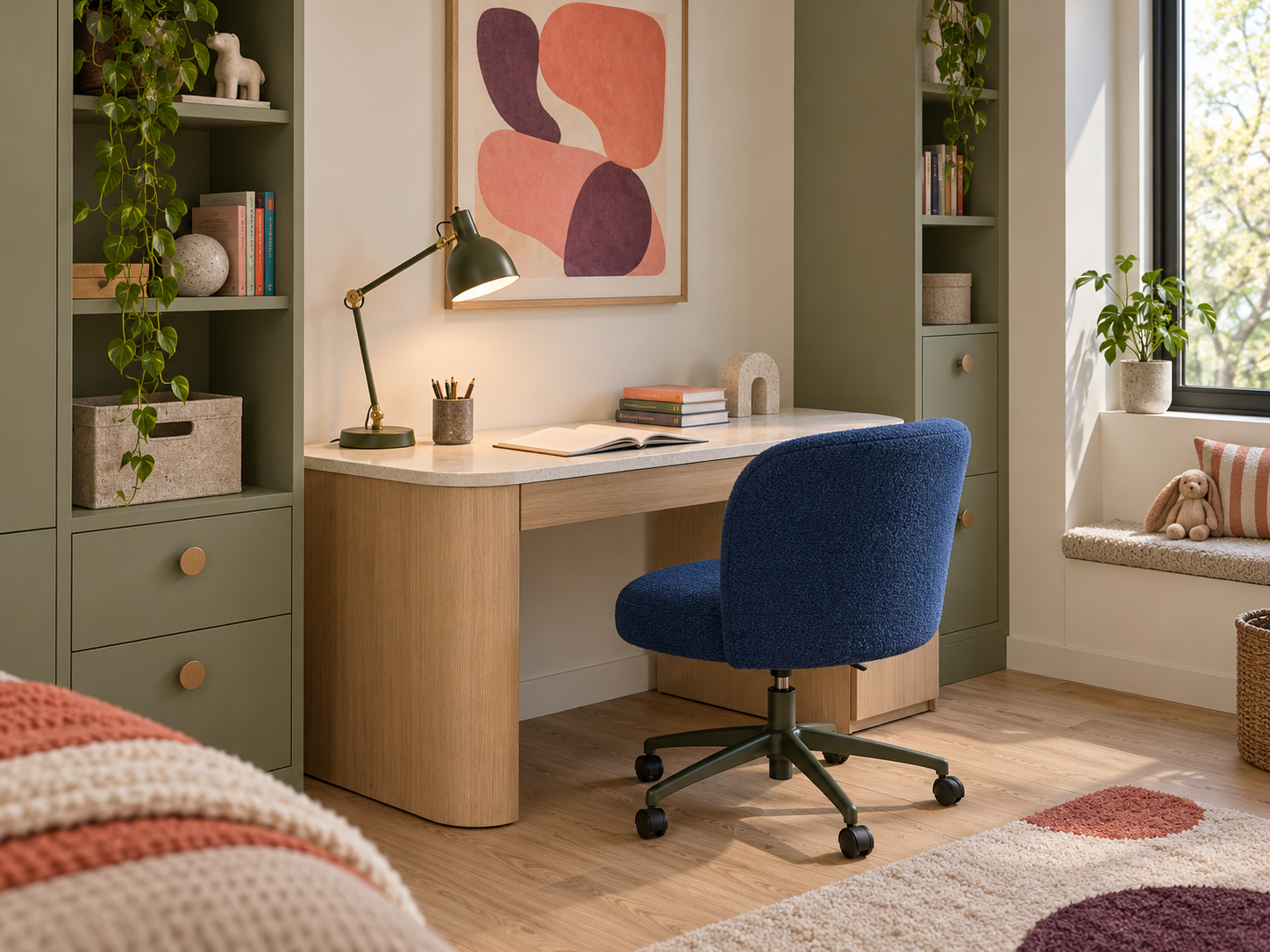 Kids Study Corner — Dedicated Work Zone Compact kids study corner with a pale wood desk, task lamp, blue chair and nearby storage