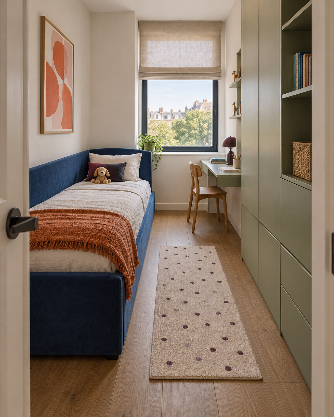 Small Kids Room Solutions — Stack the Jobs Narrow kids bedroom using a compact bed, shallow desk, full-height storage and a clear central walkway
