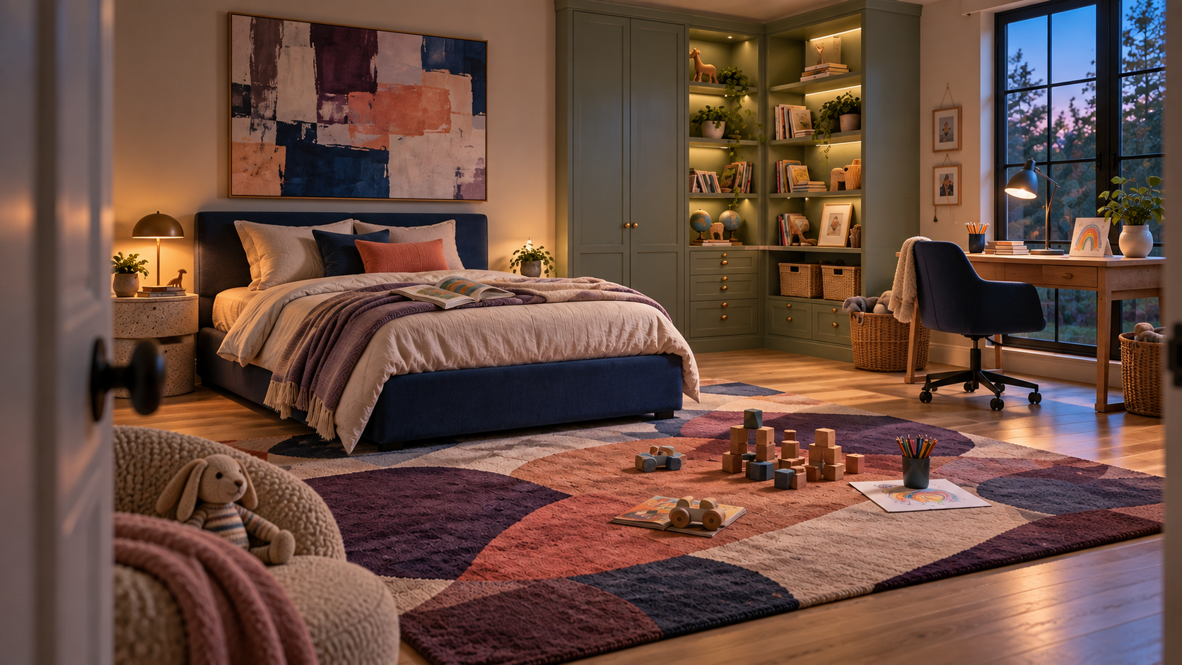Kids Room Decor Ideas — Built for Now and Ready to Change Finished kids room at evening with coordinated bed, storage, study desk and flexible open rug area