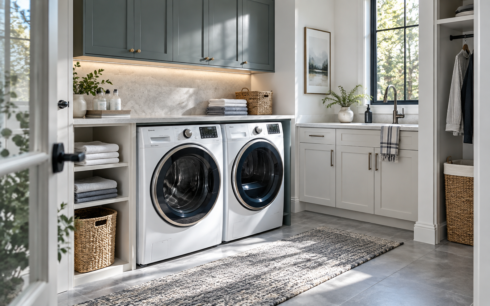 Laundry Room Organization - Ravnora Decor Bright organized laundry room with front-loading washer and dryer, cabinetry, clear counter space and an open walking route.