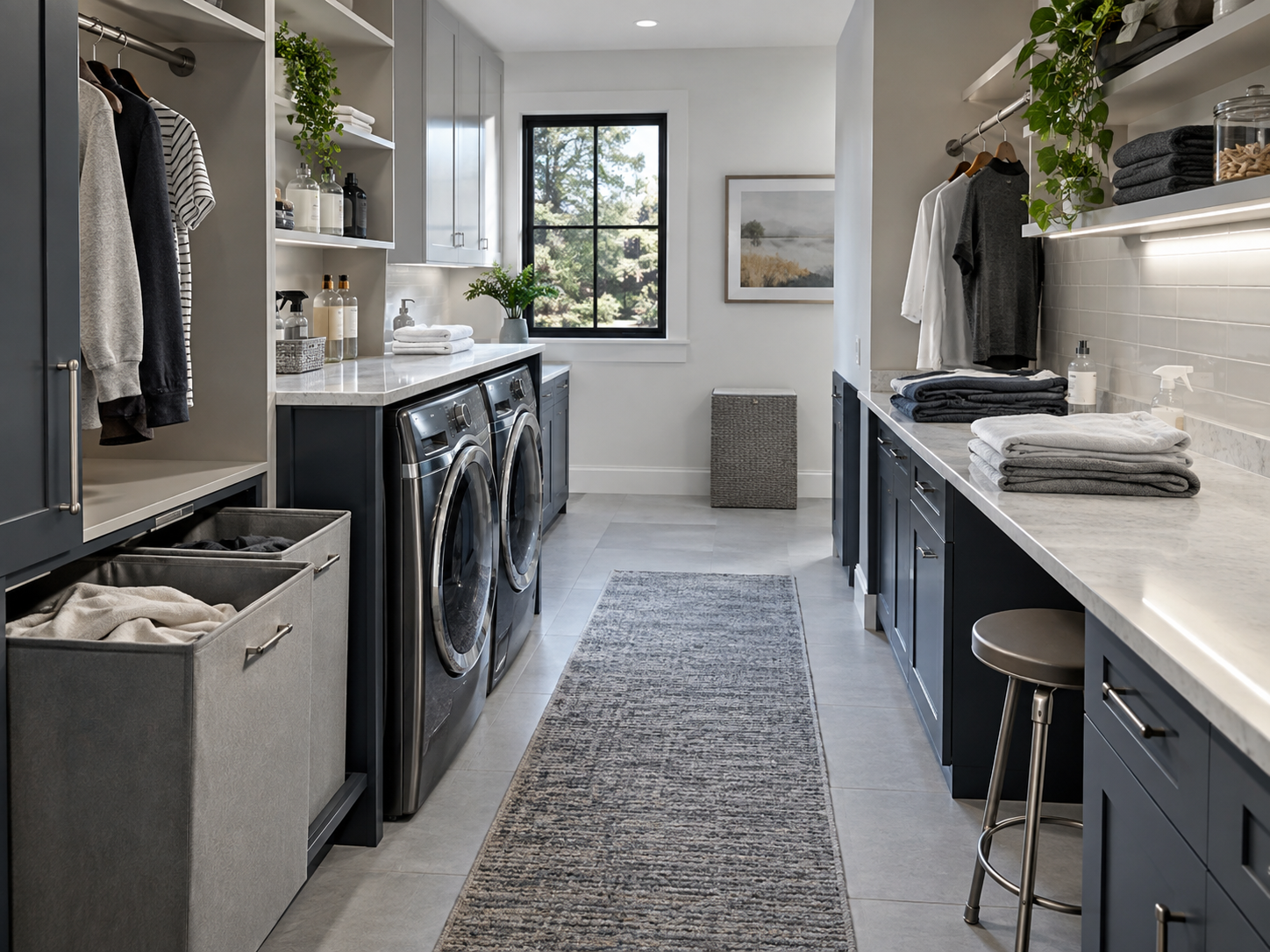 Laundry Room Organization - Ravnora Decor Long galley laundry room with clear central aisle, working counters, hampers, hanging areas and front-loading machines.