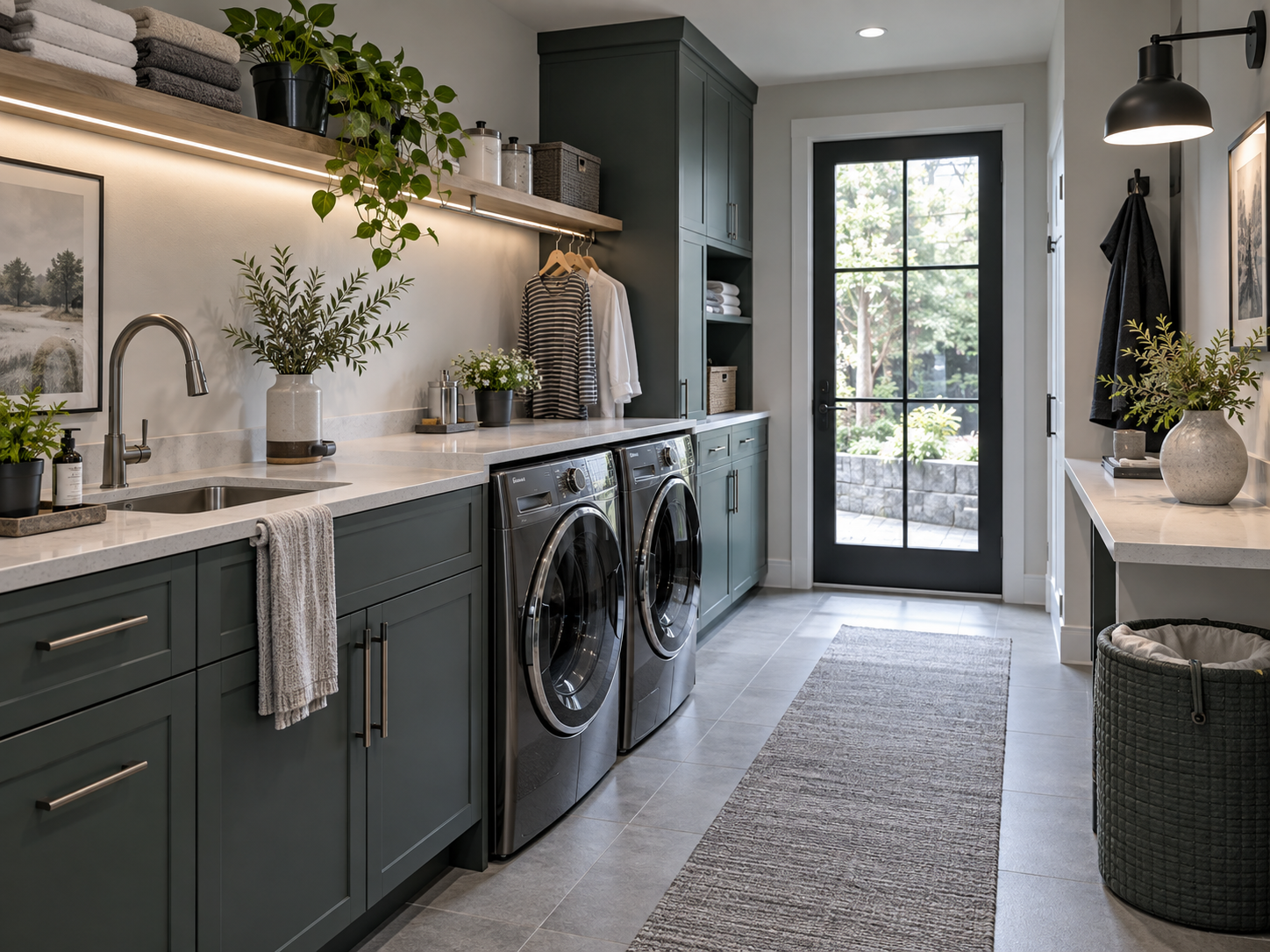 Laundry Room Organization - Ravnora Decor Contemporary laundry room showing clear work surfaces, vertical storage, hanging space and lighting arranged across multiple functional levels.
