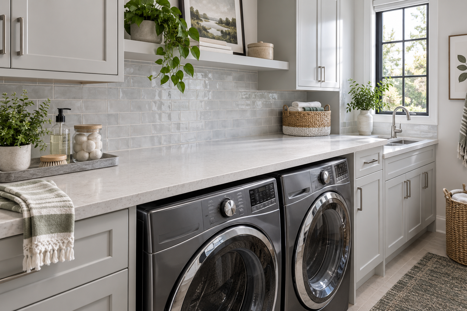 Laundry Room Organization - Ravnora Decor Laundry counter kept mostly clear above front-loading machines, with only a small controlled group of daily-use items at the edge.
