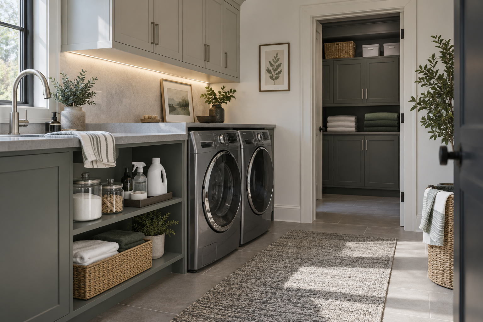 Laundry Room Organization - Ravnora Decor Laundry room with accessible open everyday storage in the foreground and deeper closed reserve storage visible beyond.