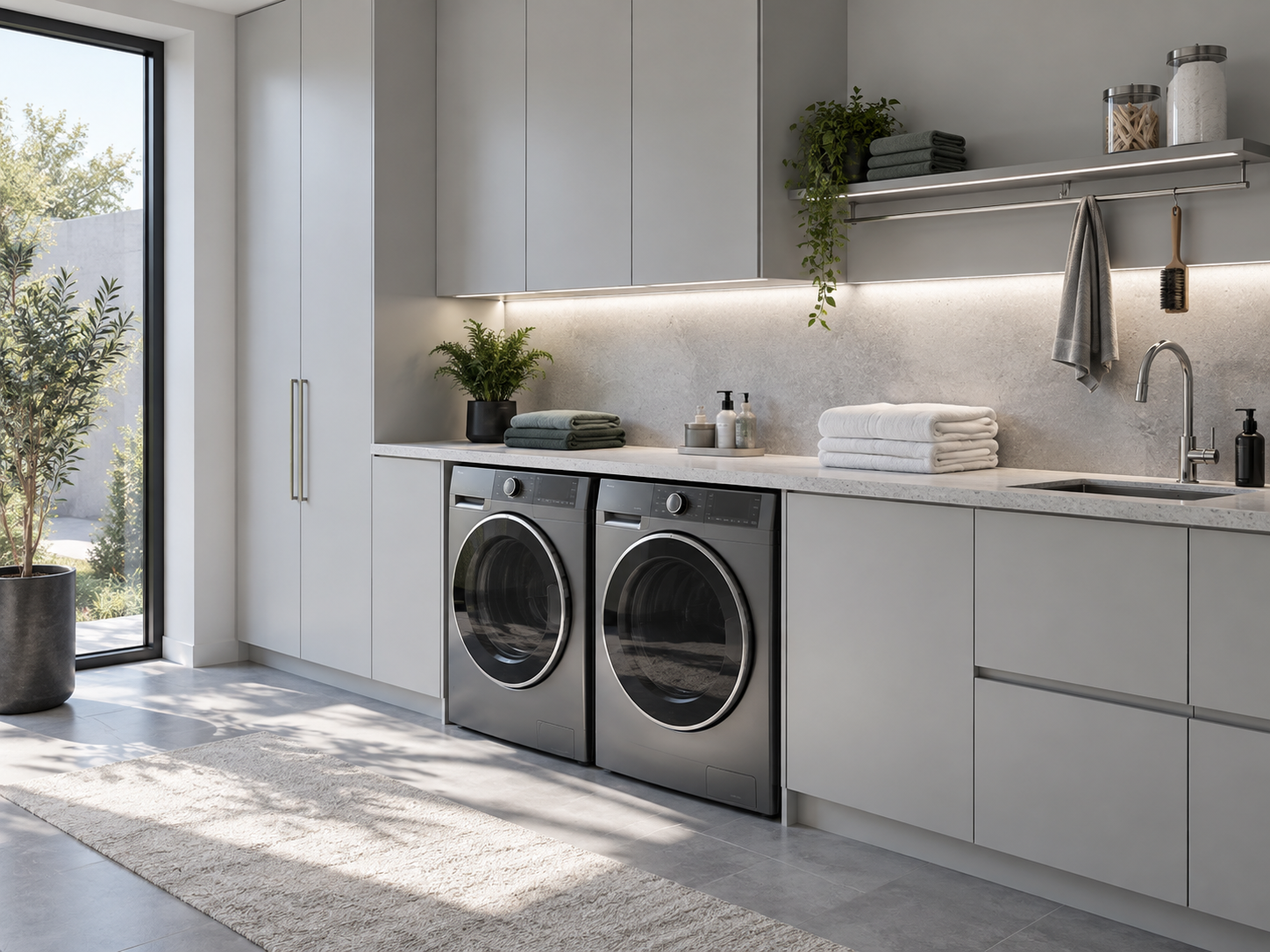 Laundry Room Organization - Ravnora Decor Minimal contemporary laundry wall with overhead storage, task lighting, slim rail, hanging towel and clear work surface.