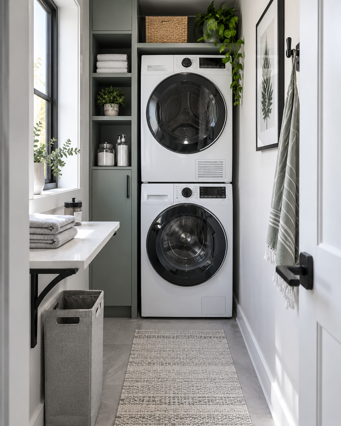 Laundry Room Organization - Ravnora Decor Narrow small laundry room with stacked washer and dryer, slim storage, folding surface and a protected walking route.