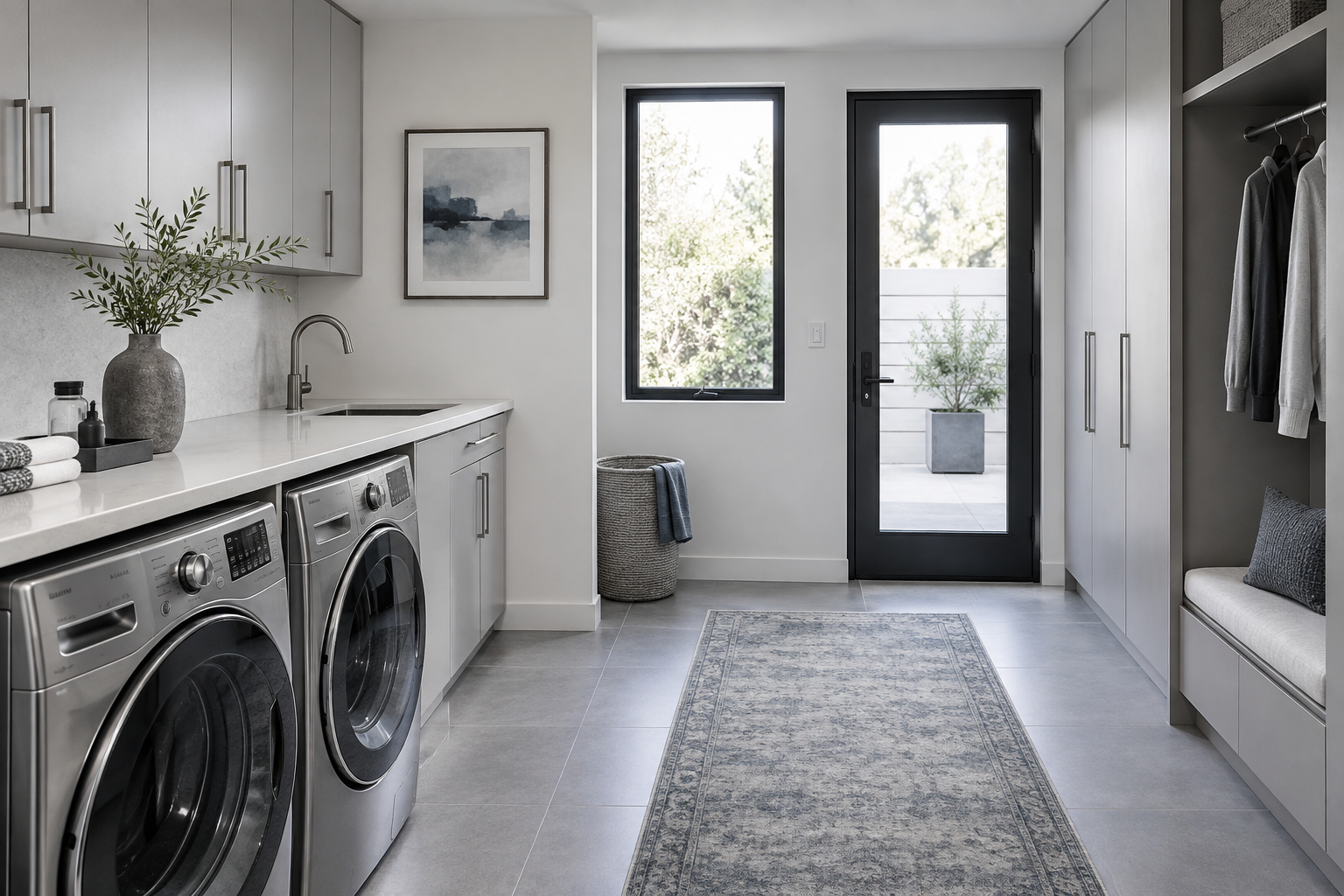 Laundry Room Organization - Ravnora Decor Calm finished laundry room with restrained decor, long runner, clear counters, cabinetry and an uncluttered route.