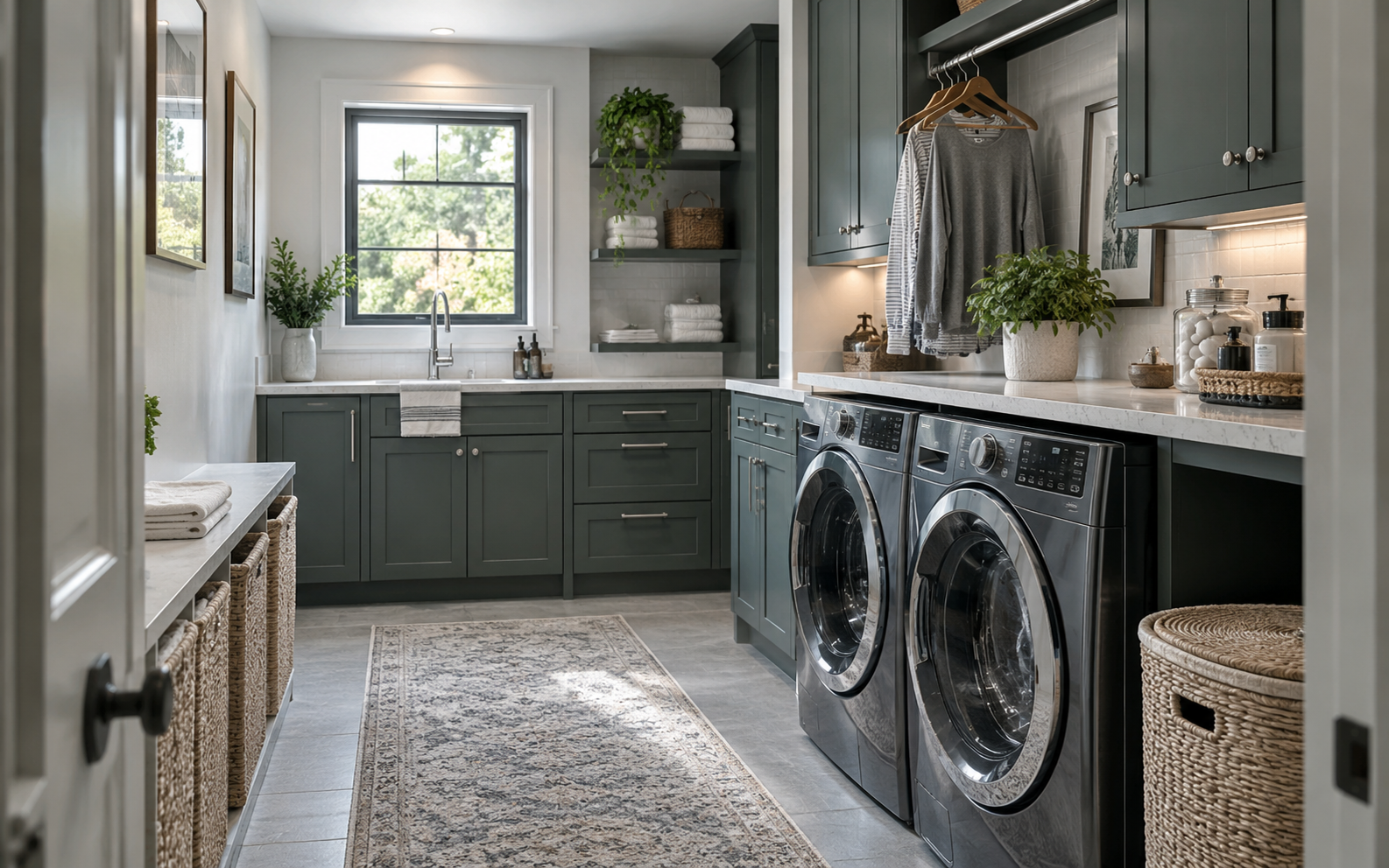 Laundry Room Organization - Ravnora Decor Resolved green and white laundry room with clear counters, organized storage, hanging space, appliances and open circulation.