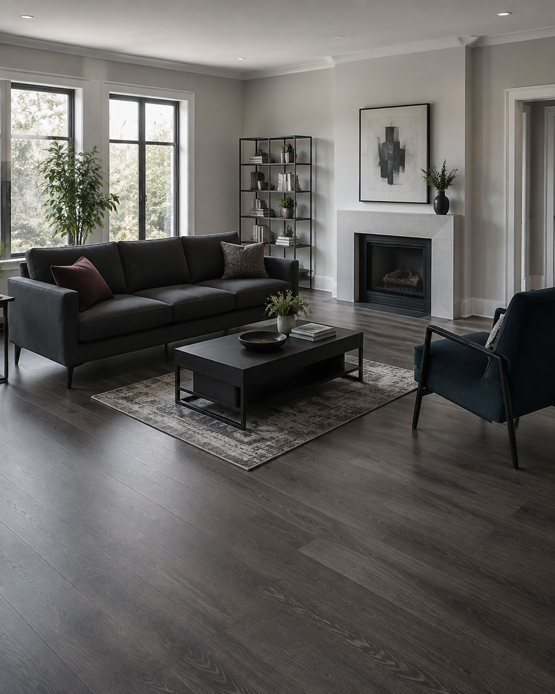 Living room with a small area rug around the coffee table, leaving the sofa and chair visually disconnected.