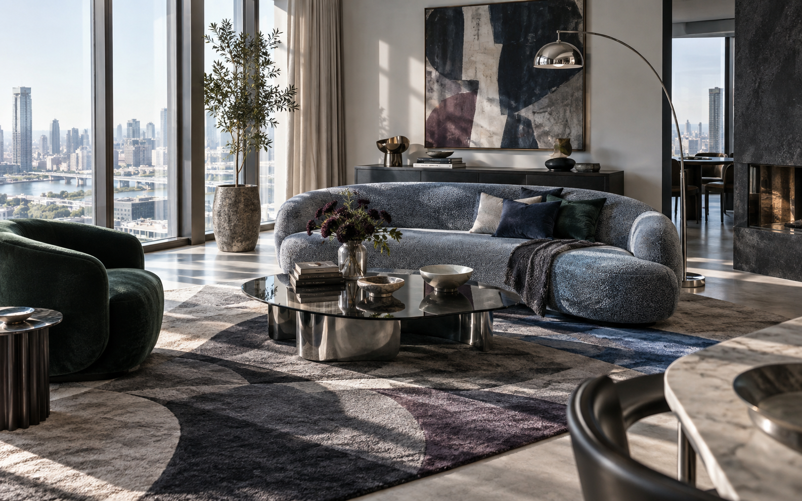 Living Room Decor Ideas - Ravnora Decor Contemporary designer living room with sculptural furniture, statement rug, artwork and layered cool-toned décor.