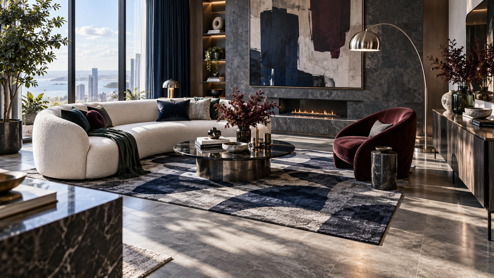 Living Room Decor Ideas - Ravnora Decor Layered contemporary living room showing furniture, rug, wall décor, lighting, curtains, storage and clear circulation.