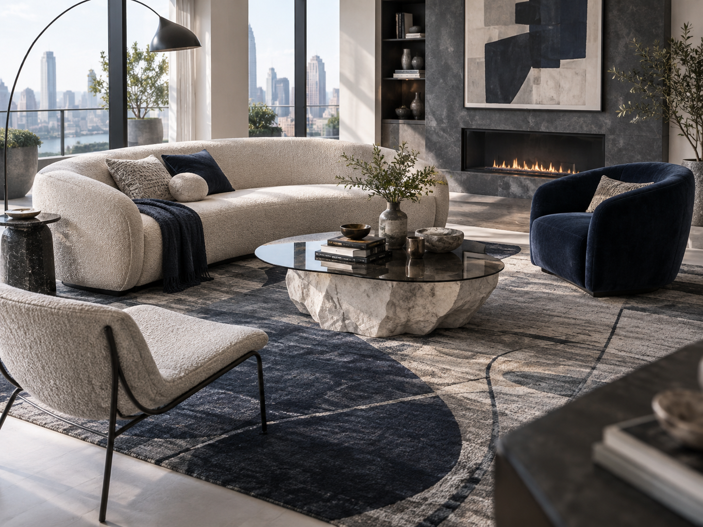 Living Room Decor Ideas - Ravnora Decor Designer living room with sculptural seating arranged around a bold area rug.