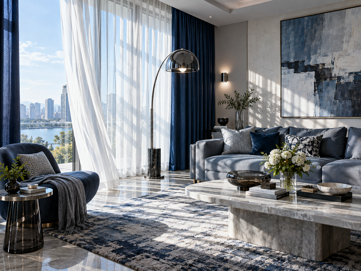 Living Room Decor Ideas - Ravnora Decor Bright contemporary living room with layered full-height curtains and sculptural lighting.