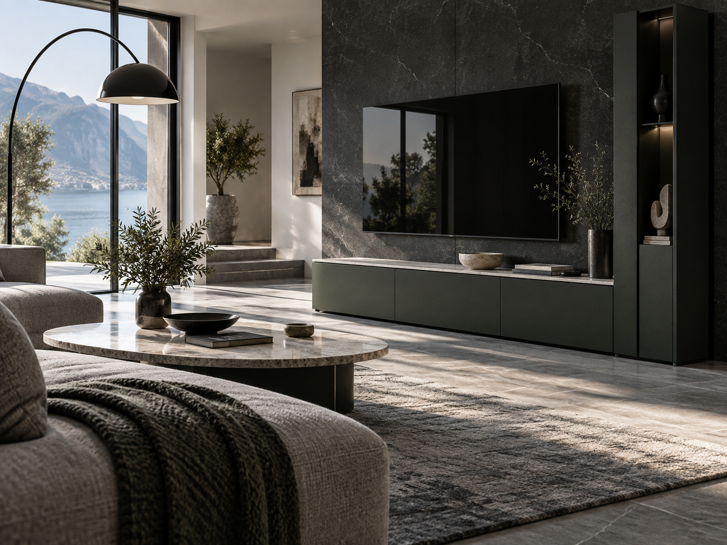 Living Room Decor Ideas - Ravnora Decor Stylish contemporary living room with integrated closed storage and clear open circulation.