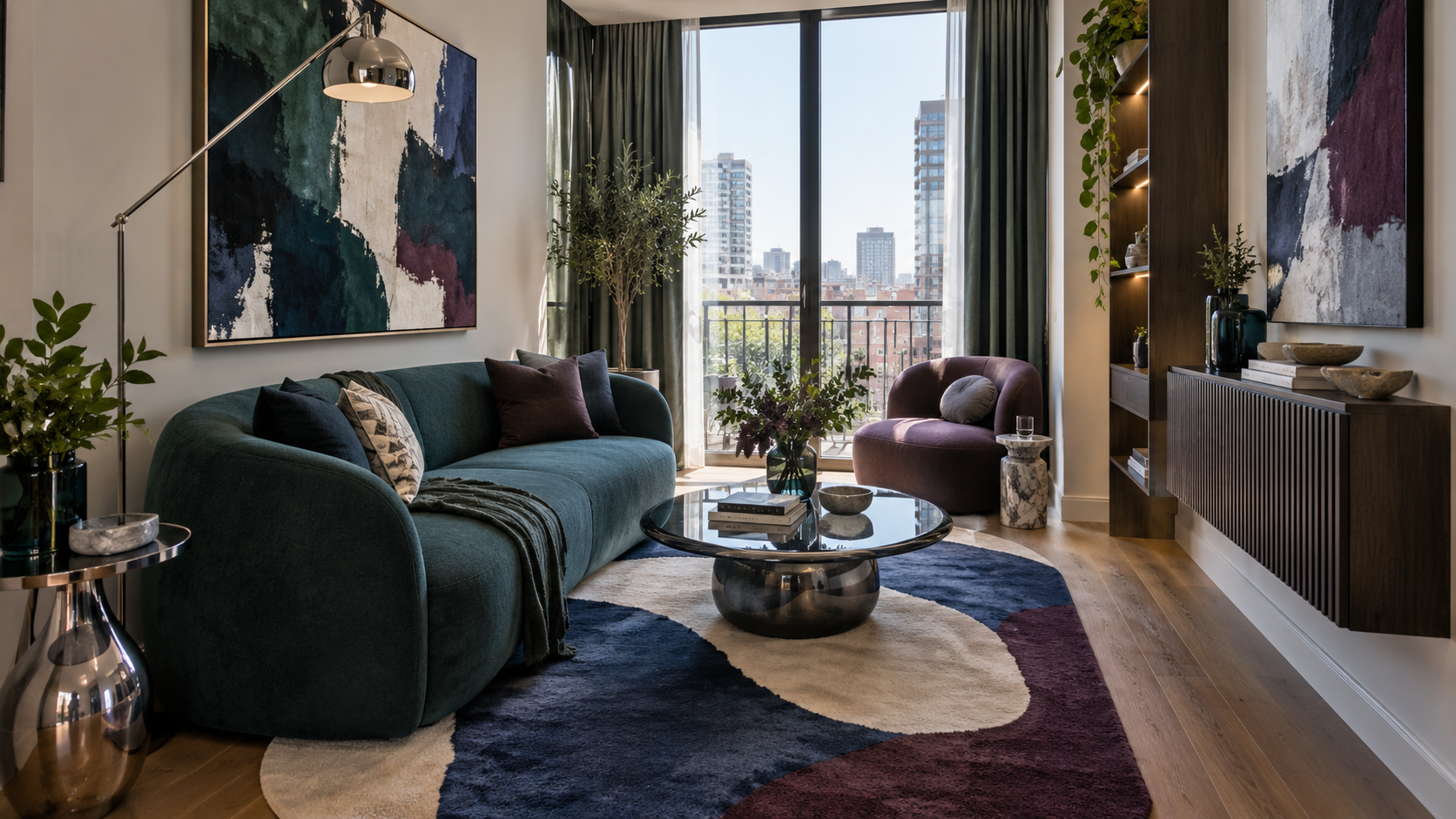 Living Room Decor Ideas - Ravnora Decor Stylish compact living room with bold personality, vertical storage and clear circulation.