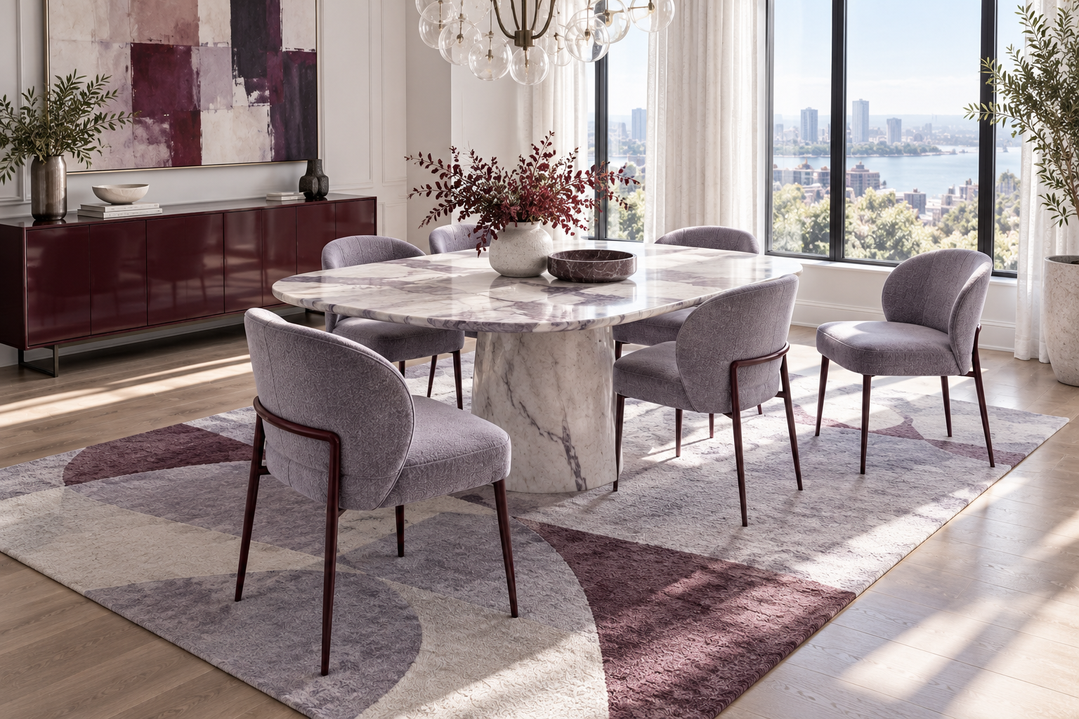 Lavender dining chairs around a pale stone table, with two chairs pulled back to show clearance and walking space.