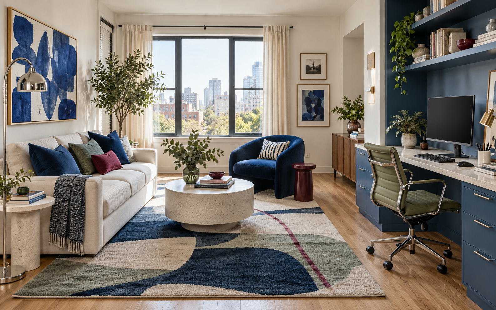 Contemporary living room with an integrated functional home office