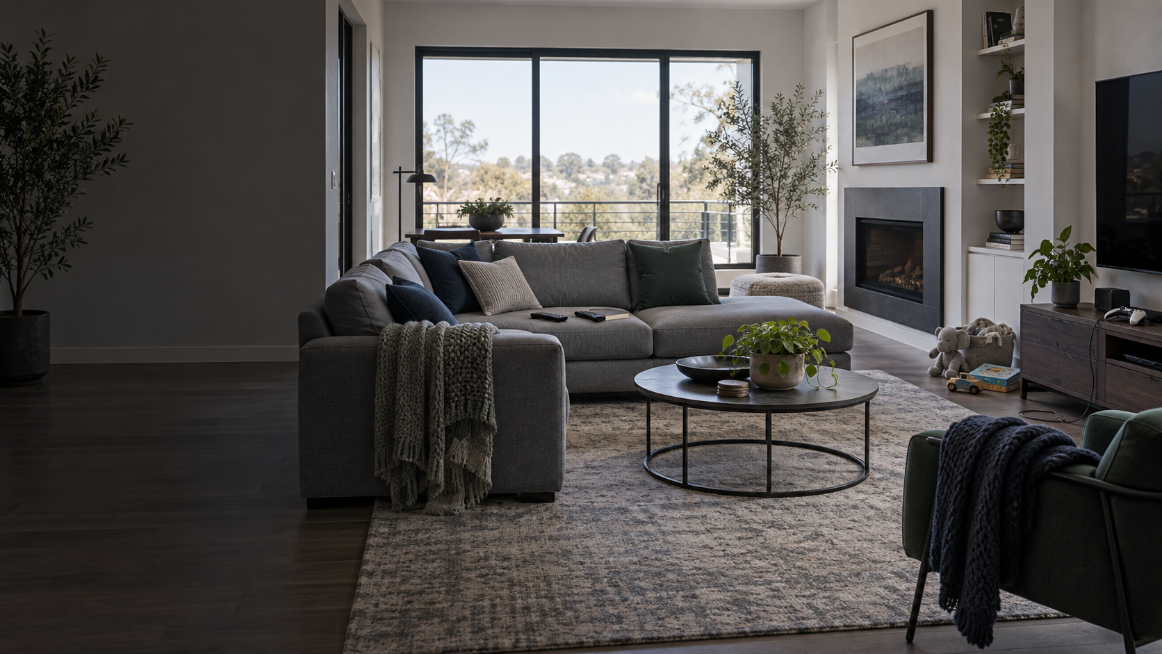 Living Room Storage - Ravnora Decor Contemporary living room showing everyday clutter repeatedly collecting beside the sofa, television, center table and family-use area.