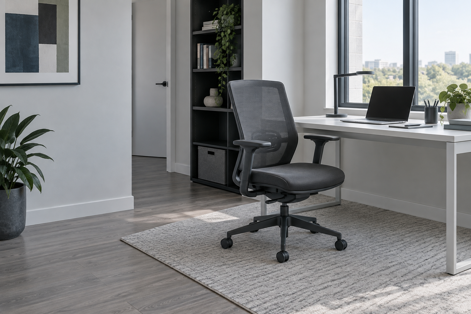 Contemporary home office showing a task chair beneath a desk with visible arm clearance and walkway space