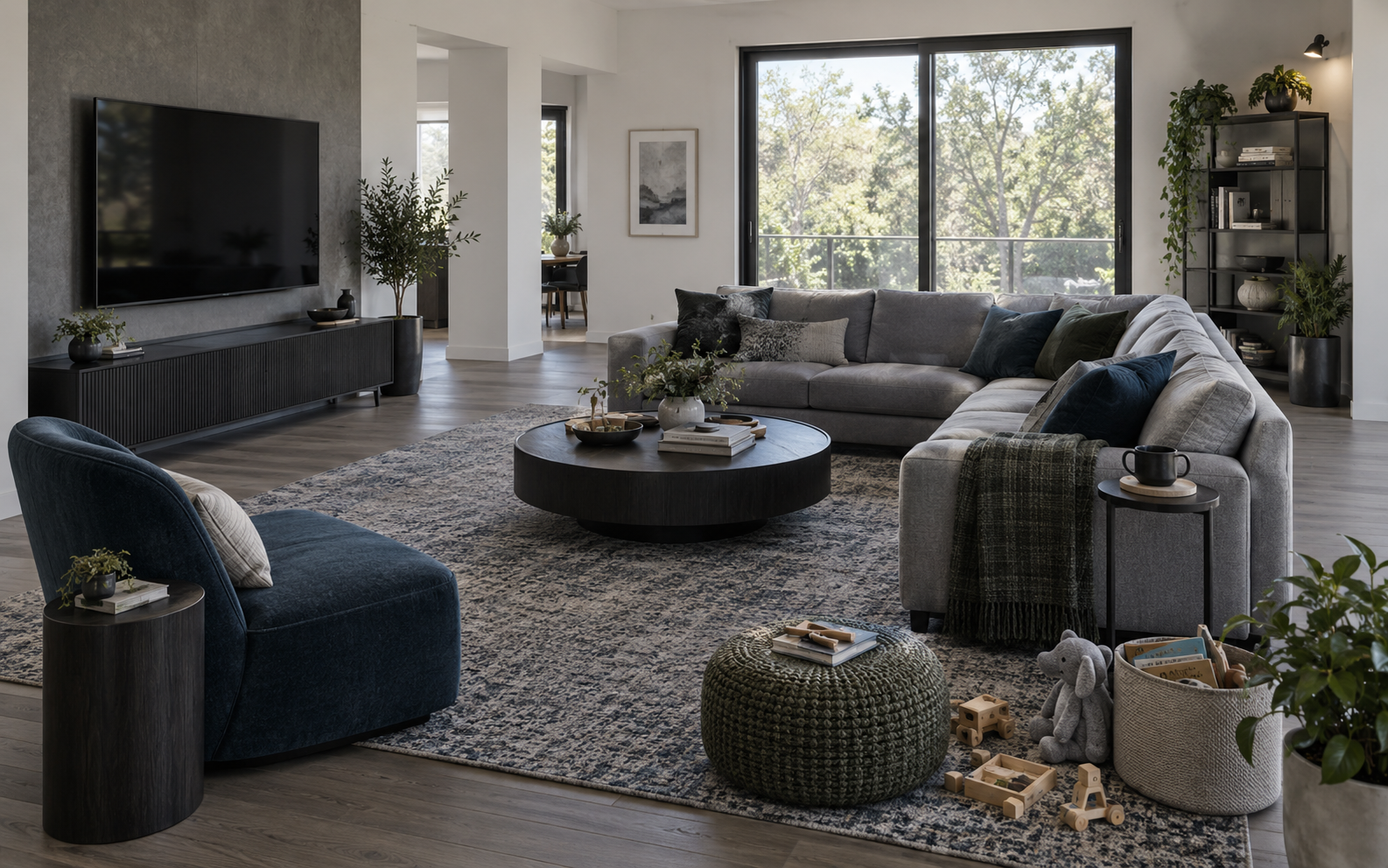 Elevated living-room view separating the media wall, sofa reach, center surface, family-clutter edge and vertical-storage zone.