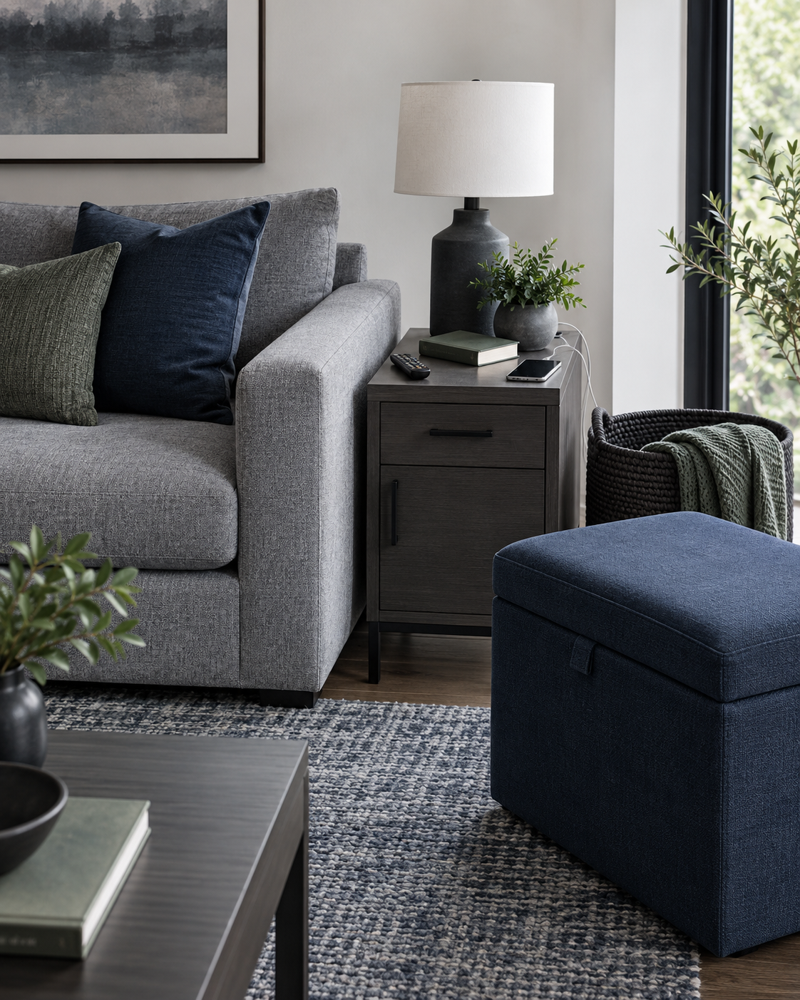 Living Room Storage - Ravnora Decor Sofa seating area with nearby side storage, basket and ottoman for remotes, books and throws.