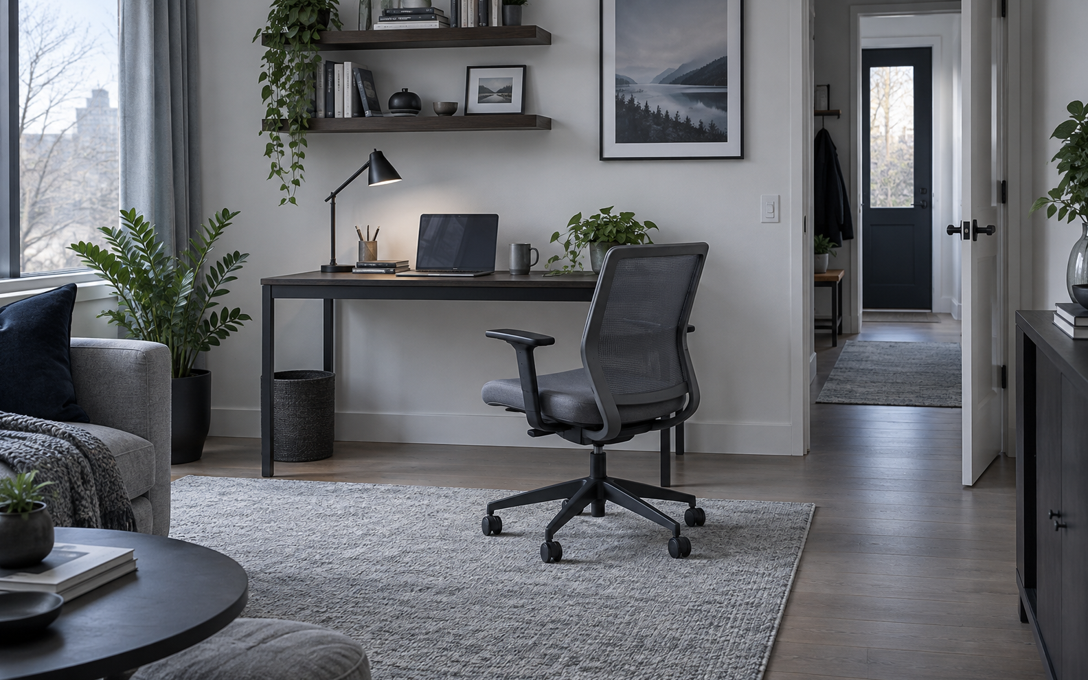 Home office in a shared living space showing how a pulled-back chair affects the walkway and room