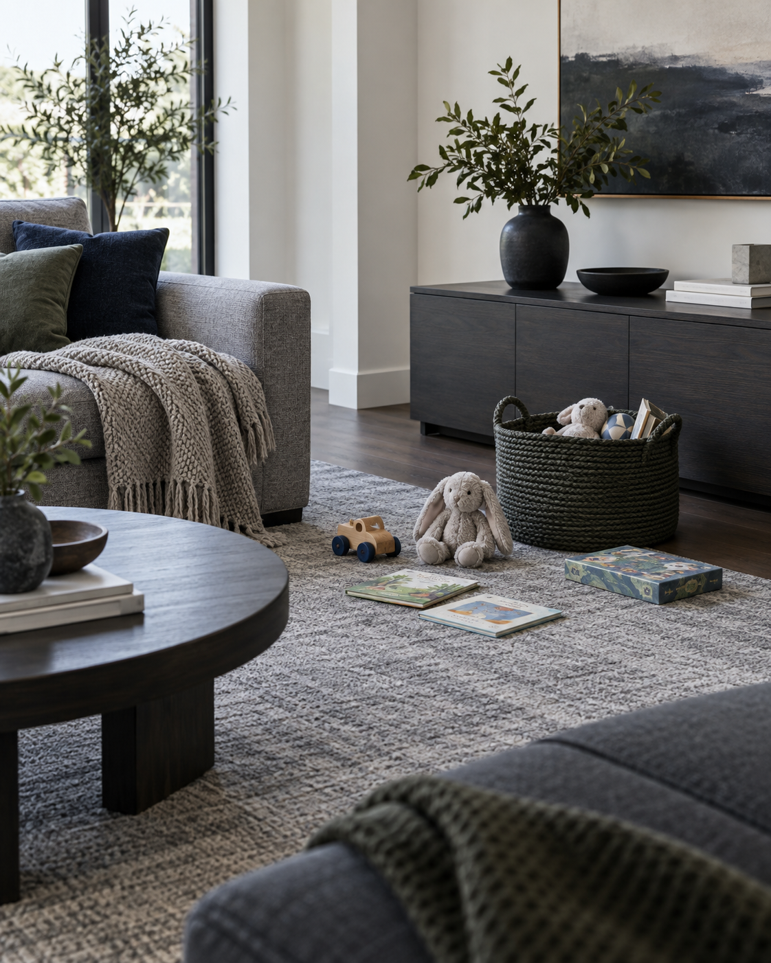 Living Room Storage - Ravnora Decor Family living room containing toys, games and books with a low closed-storage destination and nearby catch-all basket.