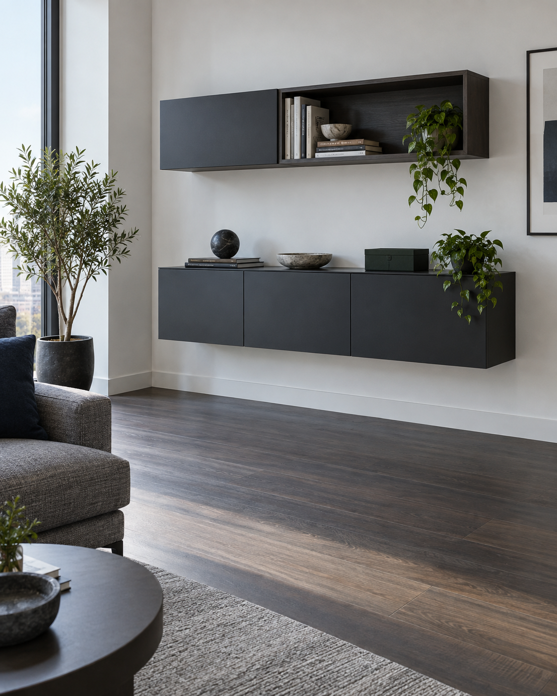 Living Room Storage - Ravnora Decor Compact living-room corner using wall-mounted storage to increase capacity while keeping floor space open.
