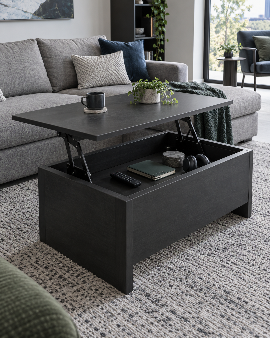 Living Room Storage - Ravnora Decor Lift-top living-room coffee table opened to reveal concealed storage and the clearance needed while in use.