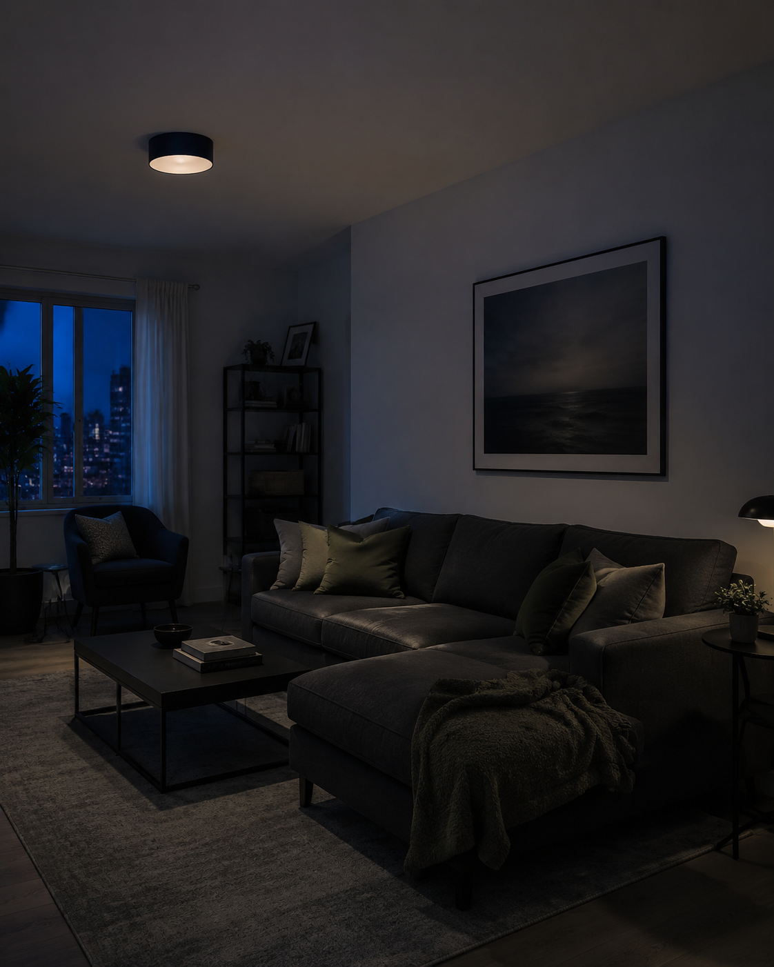 Living room with an underlit reading chair, flat sofa lighting and a dark corner showing common nighttime lighting problems.