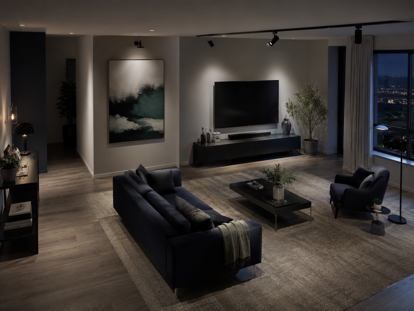 Elevated living-room view showing separate sofa, reading, TV, artwork and dark-corner lighting zones.