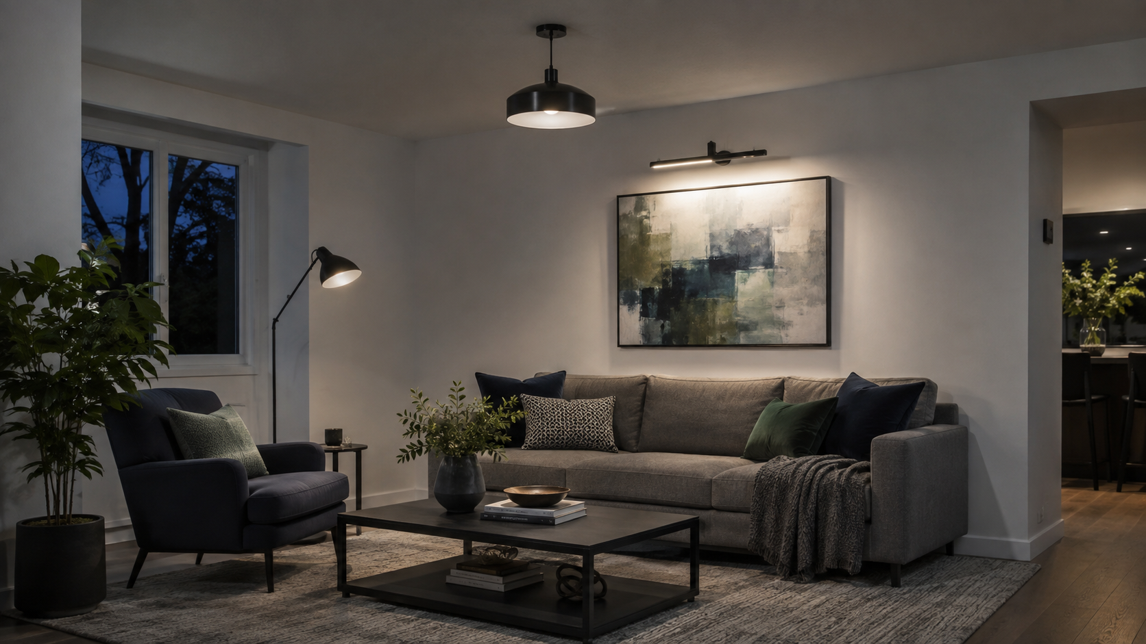Modern living room combining different ceiling, floor and wall lights into one coordinated layered result.