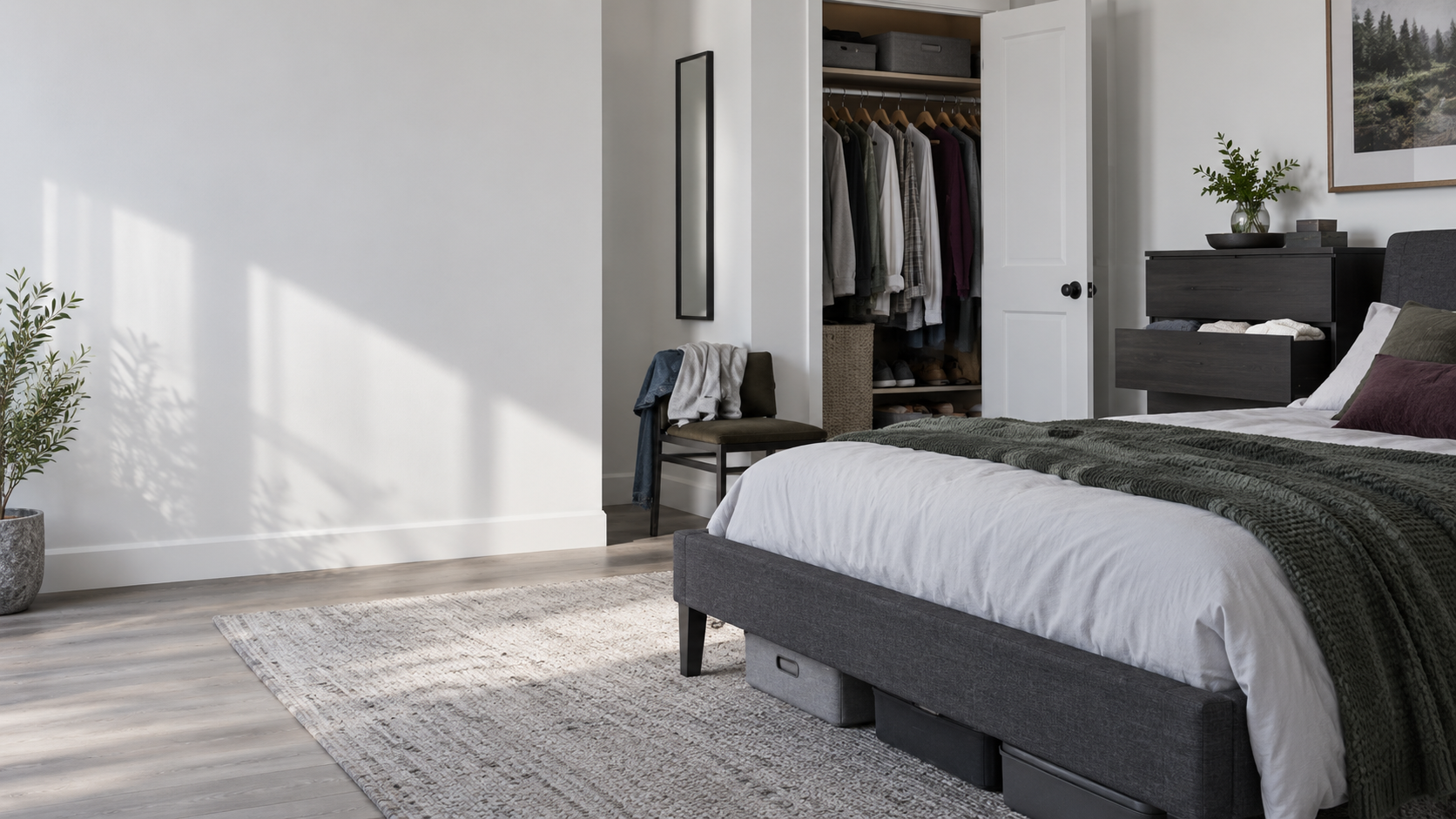 Bedroom Storage - Ravnora Decor Contemporary bedroom showing recurring closet, chair, drawer and under-bed storage pressure points.